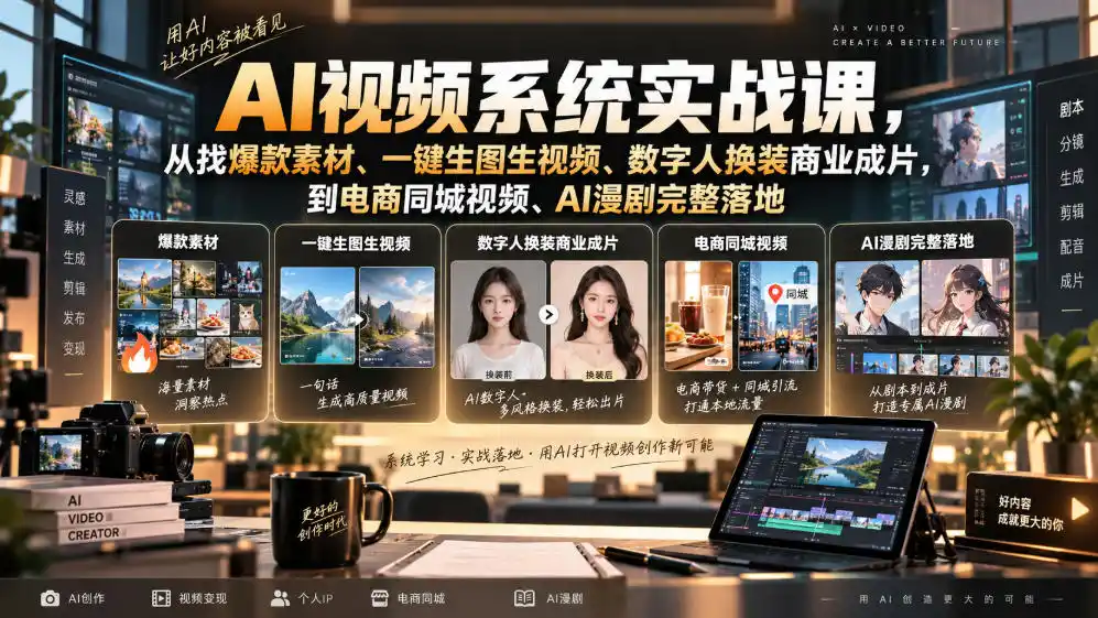 AI视频系统实战课,从找爆款素材、一键生图生视频、数字人换装商业成片,到电商同城视频、AI漫剧完整落地-星云网创