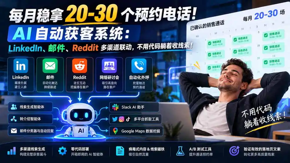 每月稳拿 20-30 个预约电话！AI 自动获客系统：LinkedIn、邮件、Reddit 多渠道联动，不用代码躺着收线索！-星云网创