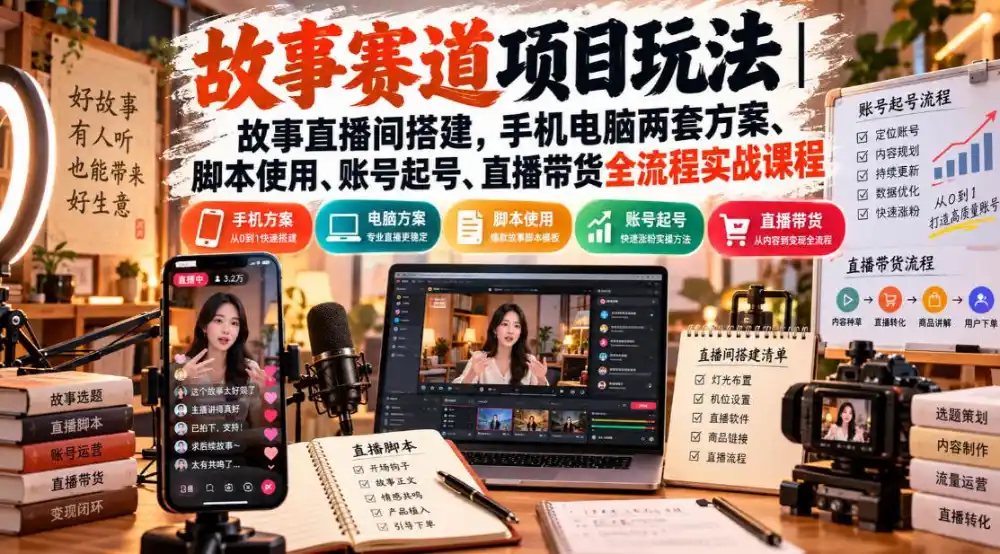 故事赛道项目玩法|故事直播间搭建,手机电脑两套方案、脚本使用、账号起号、直播带货全流程实战课程-星云网创