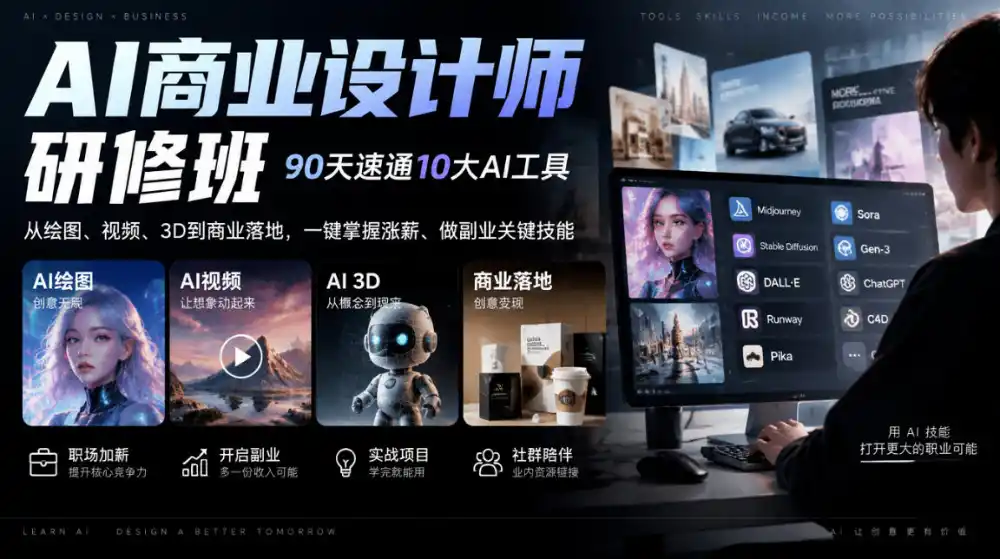 AI商业设计师研修班，90天速通10大AI工具，从绘图、视频、3D到商业落地，一键掌握涨薪、做副业关键技能-星云网创