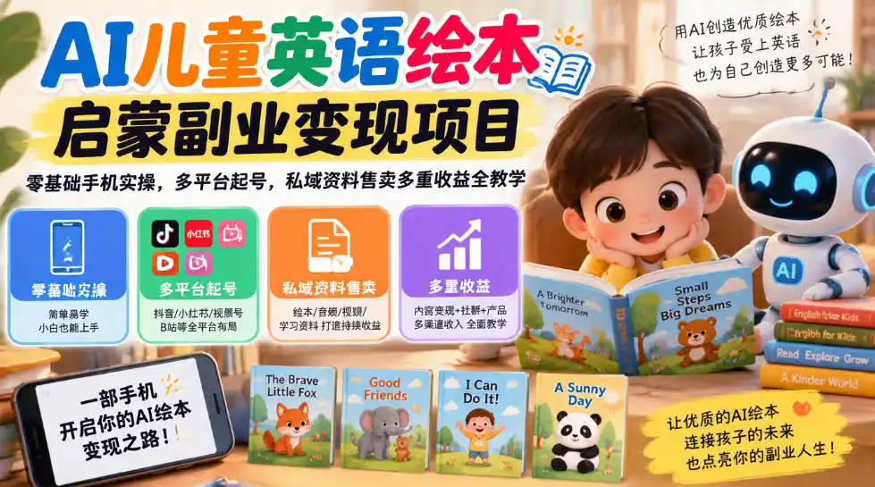 AI儿童英语绘本启蒙副业变现项目，零基础手机实操，多平台起号，私域资料售卖多重收益全教学-星云网创