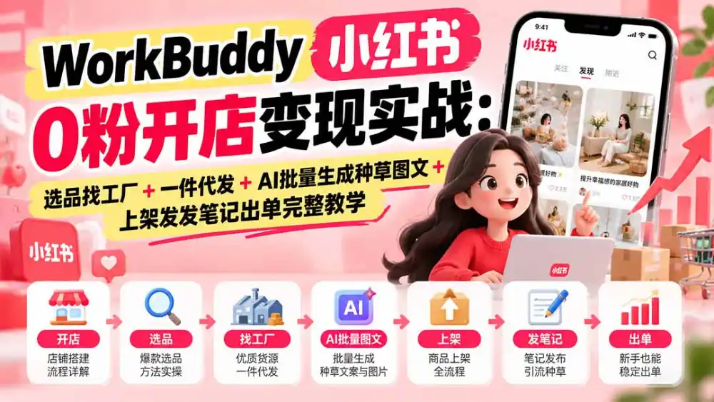 WorkBuddy小红书0粉开店变现实战：选品找工厂+一件代发+AI批量生成种草图文+上架发发笔记出单完整教学-星云网创