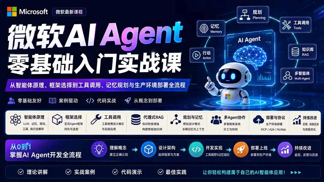 微软AI Agent零基础入门实战课：从智能体原理、框架选择到工具调用、记忆规划与生产环境部署全流程-星云网创