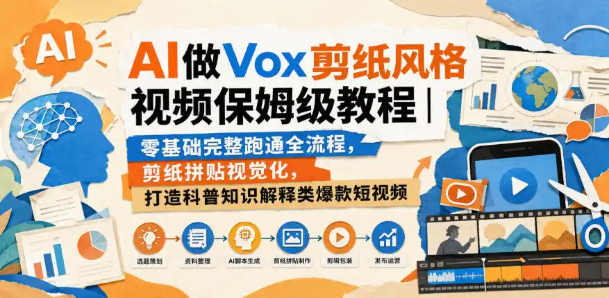 AI做Vox剪纸风格视频保姆级教程|零基础完整跑通全流程,剪纸拼贴视觉化,打造科普知识解释类爆款短视频-星云网创