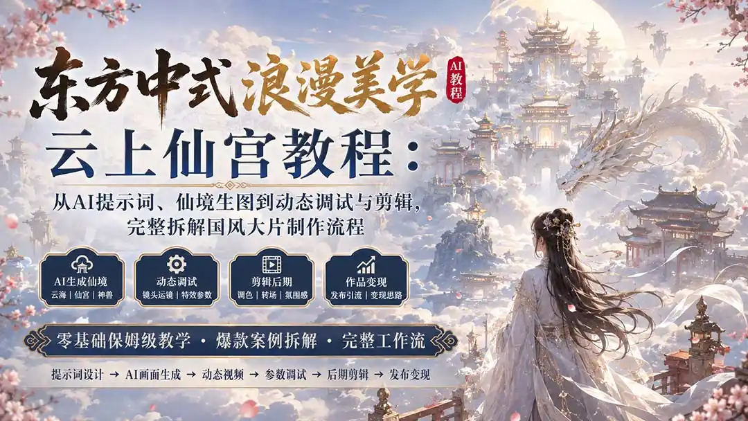 东方中式浪漫美学云上仙宫教程：从AI提示词、仙境生图到动态调试与剪辑，完整拆解国风大片制作流程-星云网创