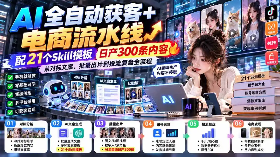 【无水印】AI全自动获客+电商流水线：配21个Skill模板，日产300条内容，从对标文案、批量出片到投流复盘全流程-星云网创