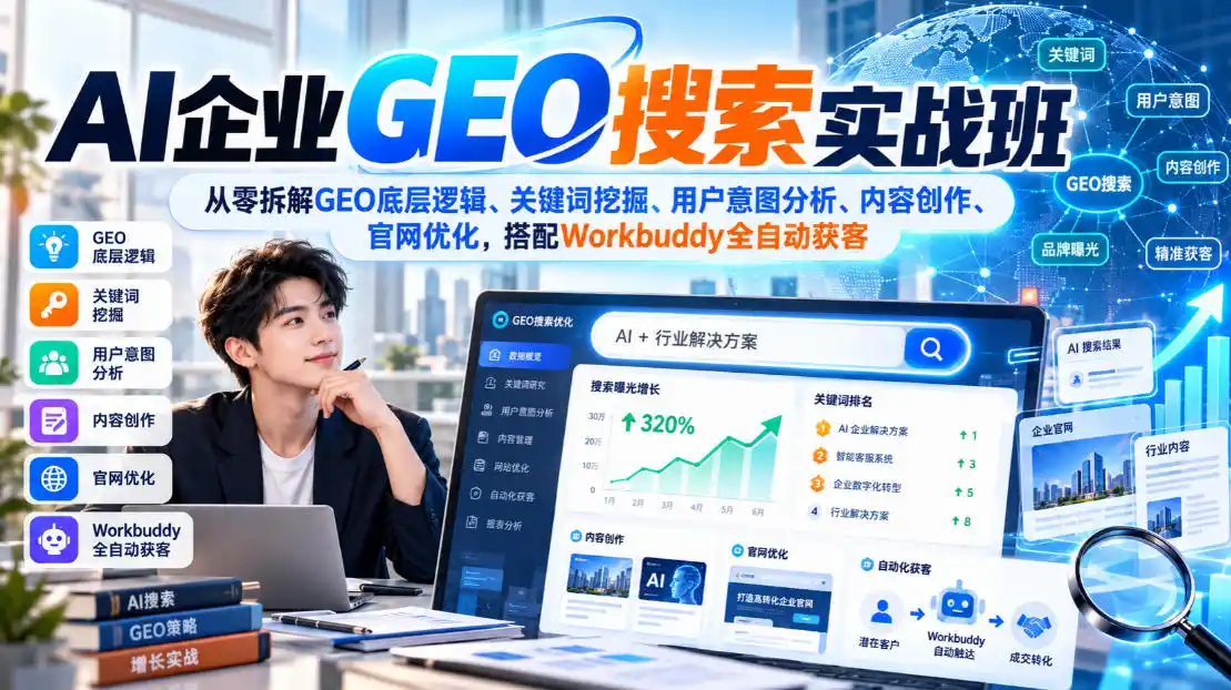 AI企业GEO搜索实战班，从零拆解GEO底层逻辑、关键词挖掘、用户意图分析、内容创作、官网优化，搭配Workbuddy全自动获客-星云网创