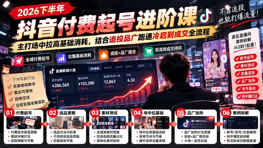 2026下半年抖音付费起号进阶课:主打场中拉高基础消耗,结合追投品广跑通冷启到成交全流程-星云网创