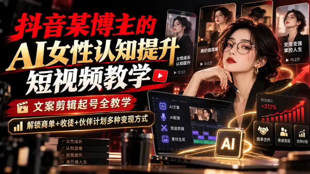 抖音某博主的Ai女性认知提升短视频教学,文案剪辑起号全教学,解锁商单+收徒+伙伴计划多种变现方式-星云网创