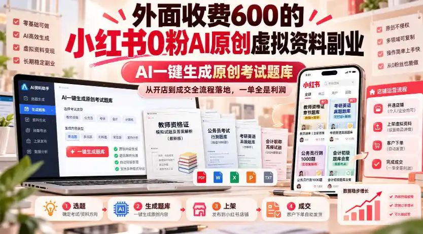 外面收费600的小红书0粉AI原创虚拟资料副业，AI一键生成原创考试题库，从开店到成交全流程落地，一单全是利润-星云网创