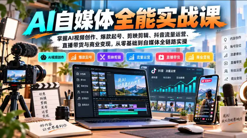 【无水印】AI自媒体全能实战课，掌握AI视频创作、爆款起号、剪映剪辑、抖音流量运营、直播带货与商业变现，从零基础到自媒体全链路实操-星云网创