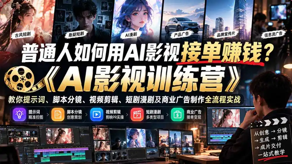 普通人如何用AI影视接单赚钱？《AI影视训练营》教你提示词、脚本分镜、视频剪辑、短剧漫剧及商业广告制作全流程实战-星云网创
