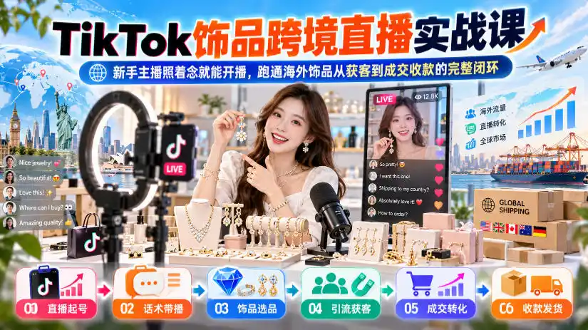 TikTok饰品跨境直播实战课，新手主播照着念就能开播，跑通海外饰品从获客到成交收款的完整闭环-星云网创