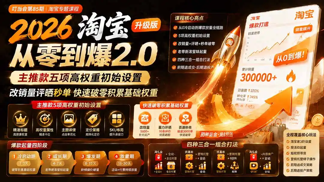 2026淘宝从零到爆2.0第85期；主推款五项高权重初始设置，改销量评晒秒单快速破零积累基础权重-星云网创