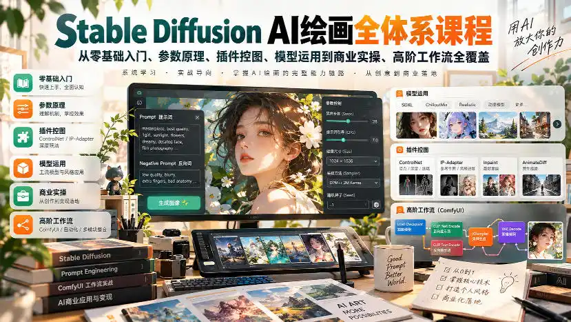 【无水印】Stable Diffusion AI绘画全体系课程，从零基础入门、参数原理、插件控图、模型运用到商业实操、高阶工作流全覆盖-星云网创