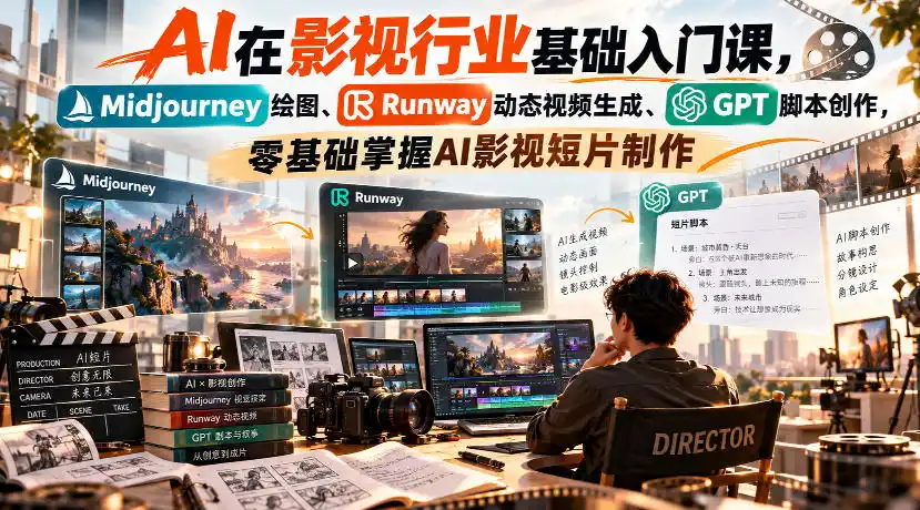 【无水印】AI在影视行业基础入门课，Midjourney绘图、Runway动态视频生成、GPT脚本创作，零基础掌握AI影视短片制作-星云网创