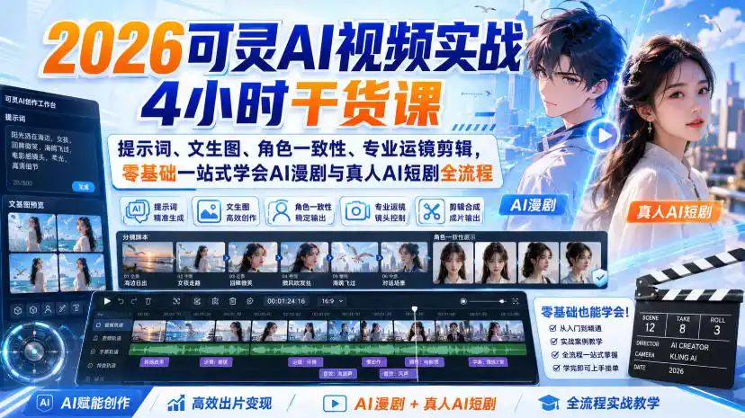 2026可灵AI视频实战4小时干货课｜提示词、文生图、角色一致性、专业运镜剪辑，零基础一站式学会AI漫剧与真人AI短剧全流程-星云网创
