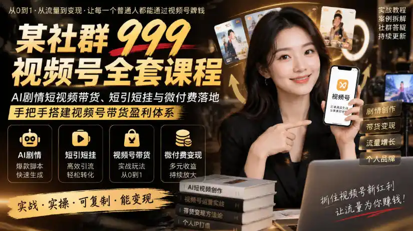 某社群999视频号全套课程,AI剧情短视频带货、短引短挂与微付费落地,手把手搭建视频号带货盈利体系-星云网创