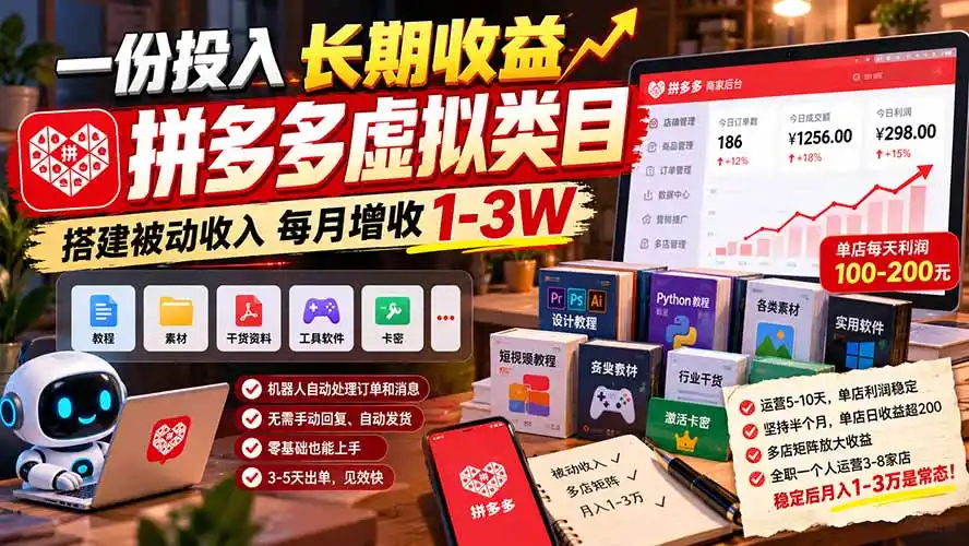 一份投入长期收益，拼多多虚拟类目，搭建被动收入每月增收 1-3W-星云网创