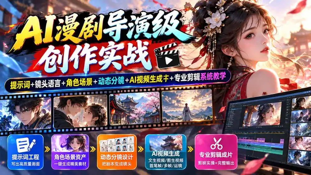 AI漫剧导演级创作实战：提示词+镜头语言+角色场景+动态分镜+AI视频生成+专业剪辑系统教学-星云网创