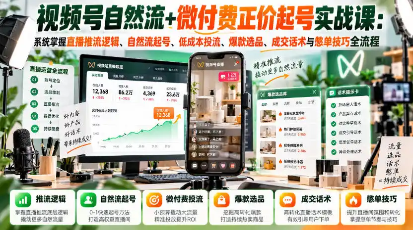 视频号自然流+微付费正价起号实战课：系统掌握直播推流逻辑、自然流起号、低成本投流、爆款选品、成交话术与憋单技巧全流程-星云网创