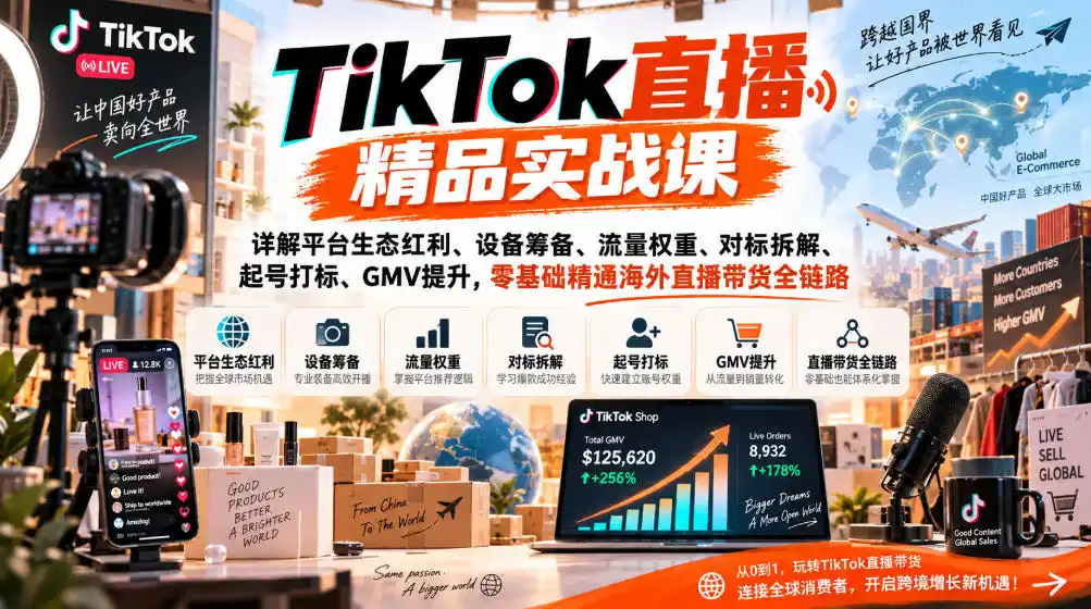 TikTok直播精品实战课，详解平台生态红利、设备筹备、流量权重、对标拆解、起号打标、GMV提升，零基础精通海外直播带货全链路-星云网创