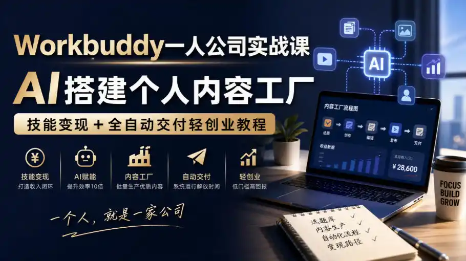 Workbuddy一人公司实战课，AI搭建个人内容工厂，技能变现+全自动交付轻创业教程-星云网创