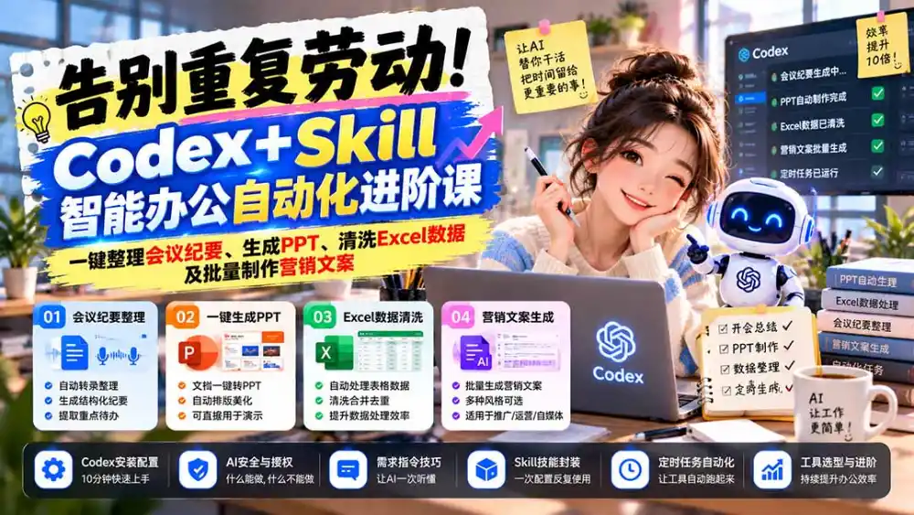 告别重复劳动！Codex+Skill智能办公自动化进阶课：一键整理会议纪要、生成PPT、清洗Excel数据及批量制作营销文案-星云网创