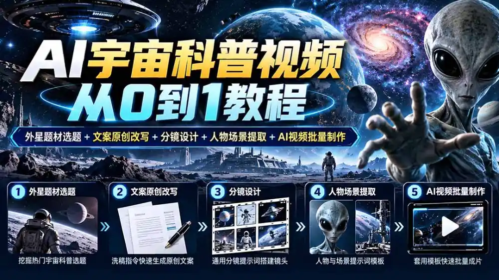 AI宇宙科普视频从0到1教程|外星题材选题+文案原创改写+分镜设计+人物场景提取+AI视频批量制作-星云网创