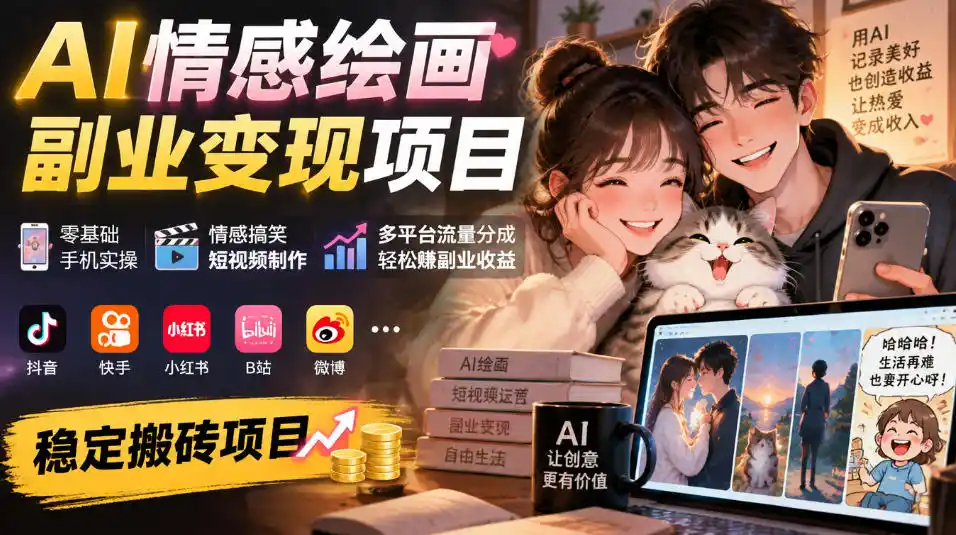 AI情感绘画副业变现项目｜零基础手机实操，情感搞笑短视频制作，多平台流量分成轻松賺副业收益-星云网创