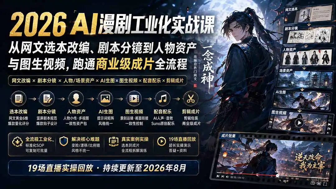 2026 AI漫剧工业化实战课-更新：从网文选本改编、剧本分镜到人物资产与图生视频，跑通商业级成片全流程-星云网创