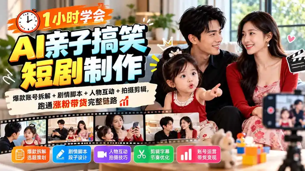 1小时学会AI亲子搞笑短剧制作：爆款账号拆解+剧情脚本+人物互动+拍摄剪辑，跑通涨粉带货完整链路-星云网创