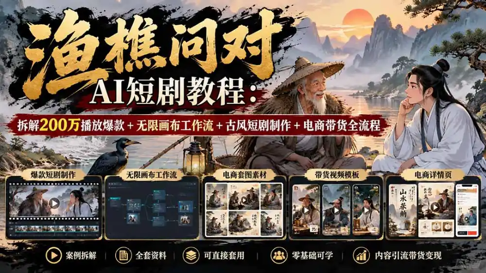 【无水印】渔樵问对AI短剧教程:拆解200万播放爆款+无限画布工作流+古风短剧制作+电商带货全流程-星云网创