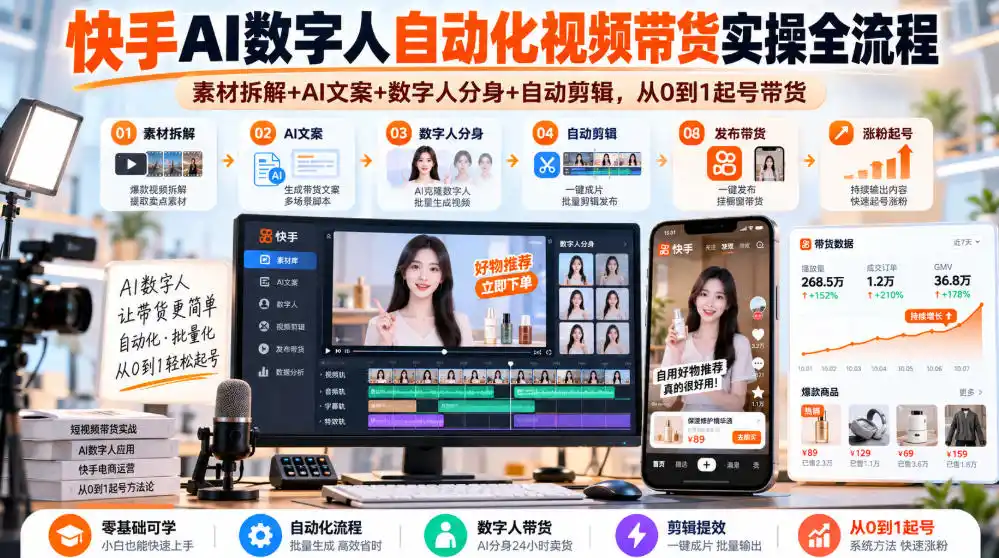 快手AI数字人自动化视频带货实操全流程｜素材拆解+AI文案+数字人分身+自动剪辑，从0到1起号带货(更新26年)-星云网创