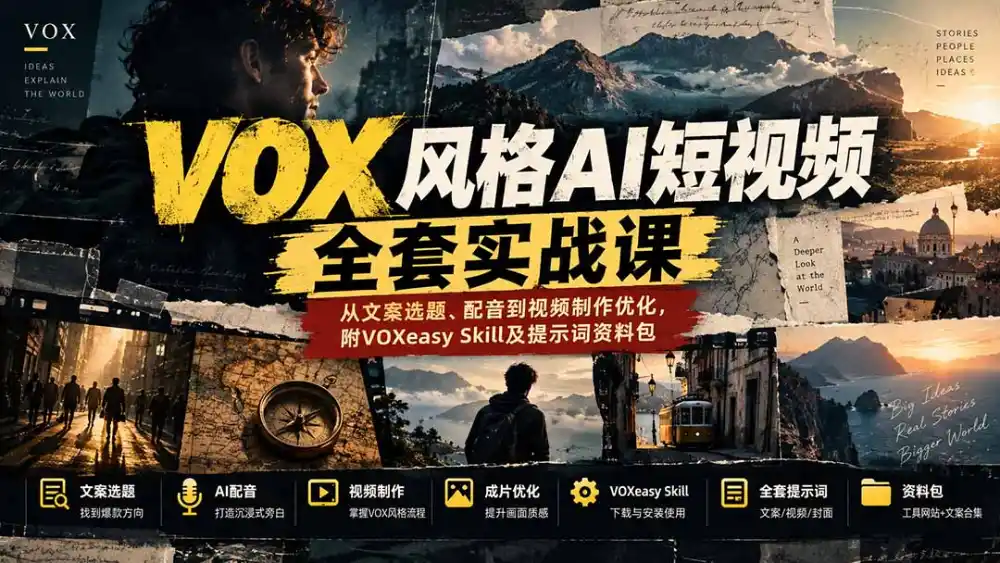 【无水印】VOX风格AI短视频全套实战课：从文案选题、配音到视频制作优化，附VOXeasy Skill及提示词资料包-星云网创