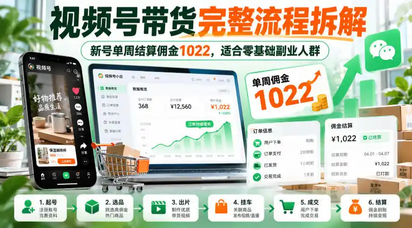 视频号带货完整流程拆解，新号单周结算佣金1022，适合零基础副业人群-星云网创