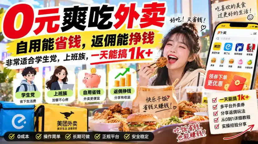 0元爽吃外卖，自用能省钱，返佣能挣钱，非常适合学生党，上班族，一天能搞1k+-星云网创