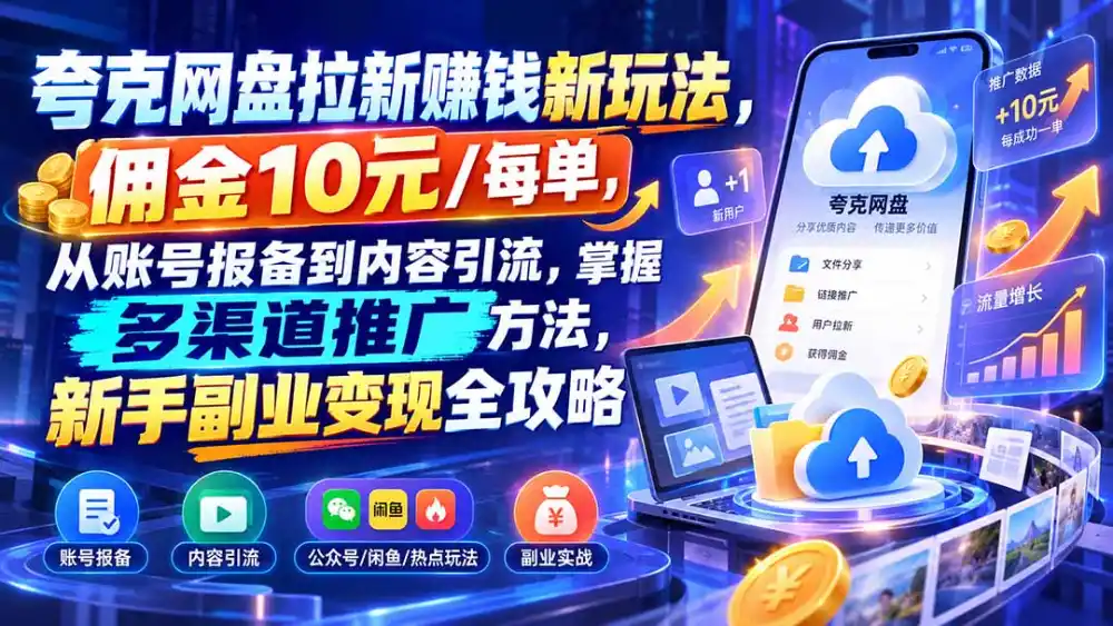 夸克网盘拉新赚钱新玩法，佣金10元/每单，从账号报备到内容引流，掌握多渠道推广方法，新手副业变现全攻略-星云网创