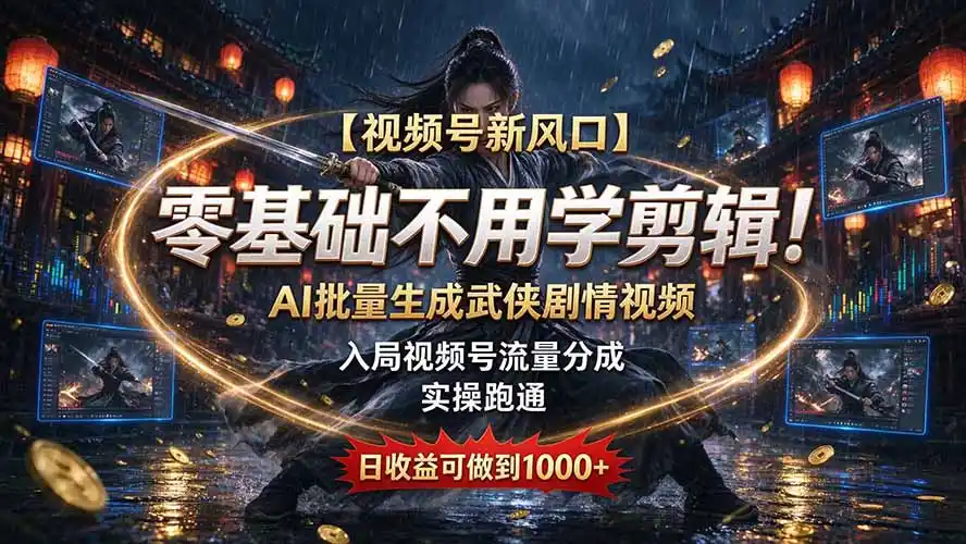 【视频号新风口】零基础不用学剪辑!AI 批量生成武侠剧情视频,入局视频号流量分成,实操跑通,日收益可做到 1000+-星云网创
