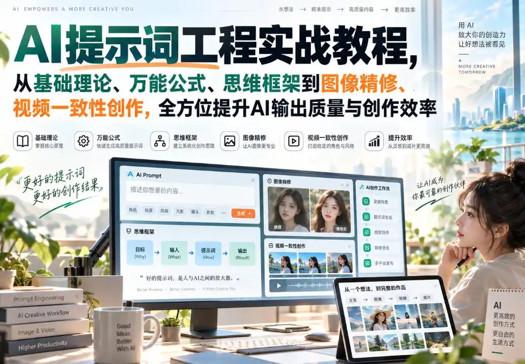 AI提示词工程实战教程，从基础理论、万能公式、思维框架到图像精修、视频一致性创作，全方位提升AI输出质量与创作效率-星云网创