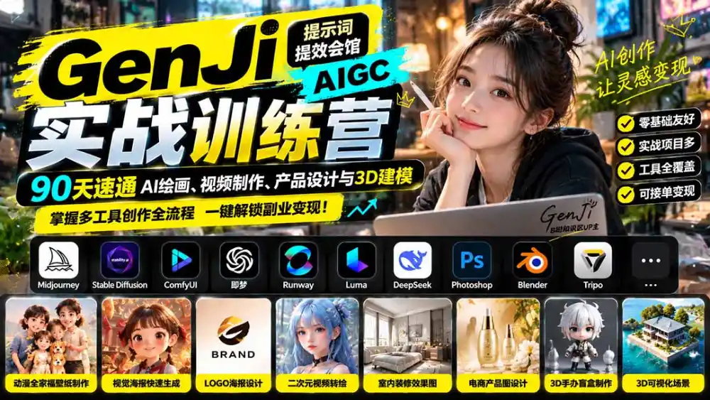 GenJi AIGC实战训练营：90天速通AI绘画、视频制作、产品设计与3D建模，掌握多工具创作全流程-星云网创