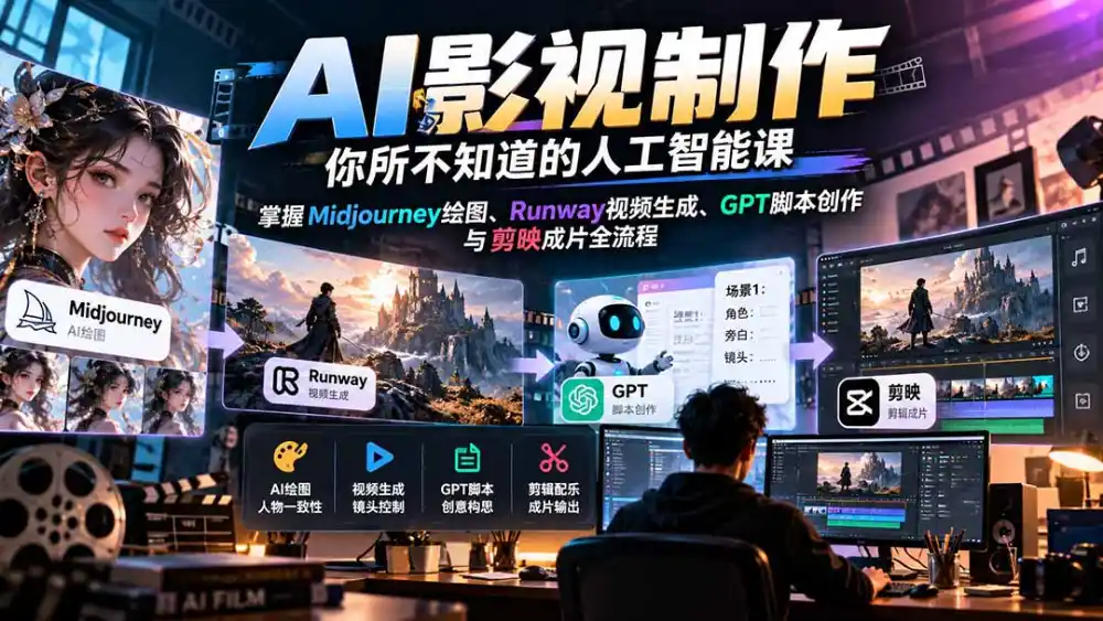 【无水印】AI影视制作-你所不知道的人工智能课，掌握Midjourney绘图、Runway视频生成、GPT脚本创作与剪映成片全流程-星云网创