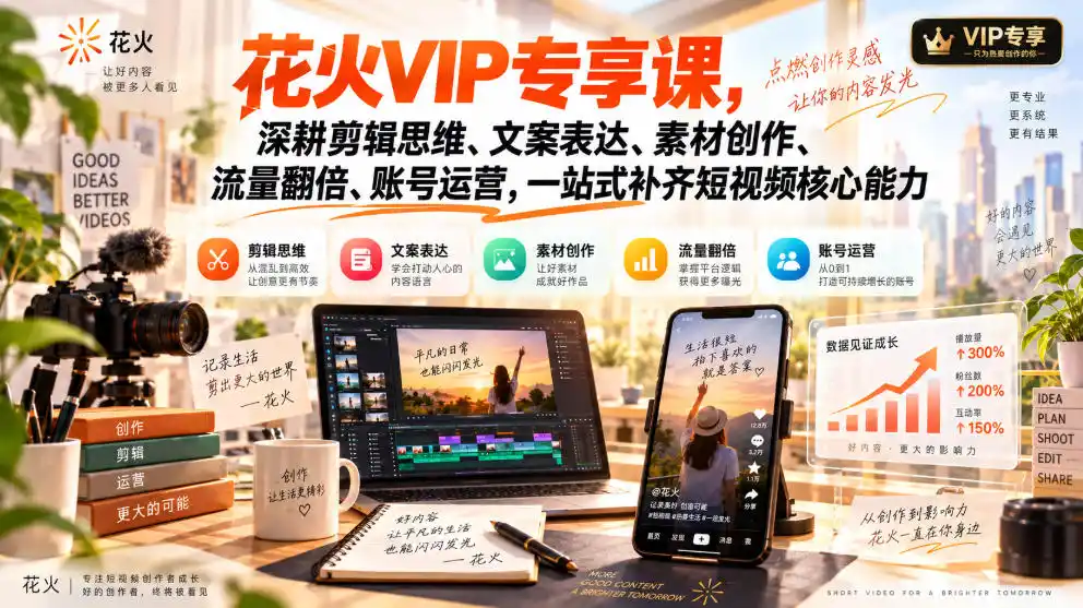 花火VIP专享课，深耕剪辑思维、文案表达、素材创作、流量翻倍、账号运营，一站式补齐短视频核心能力-星云网创