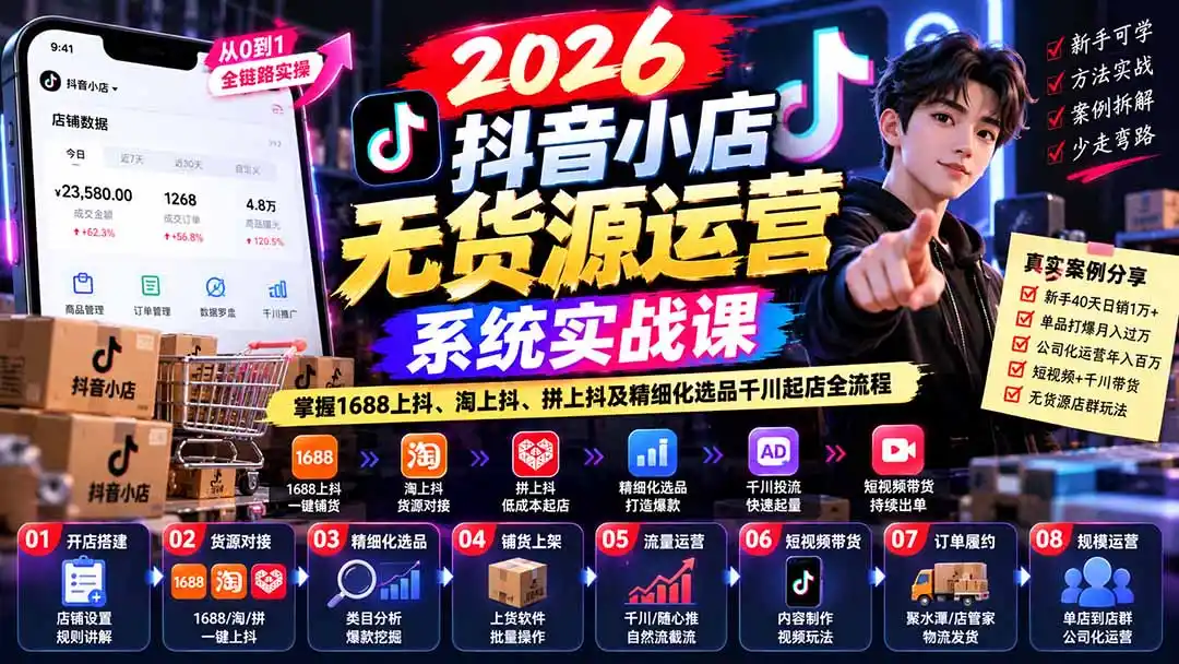 【无水印】2026抖音小店无货源运营系统实战课：掌握1688上抖、淘上抖、拼上抖及精细化选品千川起店全流程-星云网创