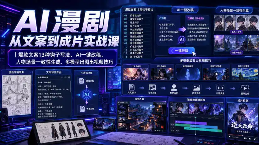 AI漫剧从文案到成片实战课｜爆款文案13种钩子写法、AI一键改稿、人物场景一致性生成、多模型出图出视频技巧-星云网创