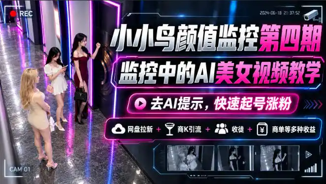 小小鸟颜值监控第四期，监控中的AI美女视频教学，去AI提示，快速起号涨粉，网盘拉新+商K引流+收徒+商单等多种收益-星云网创