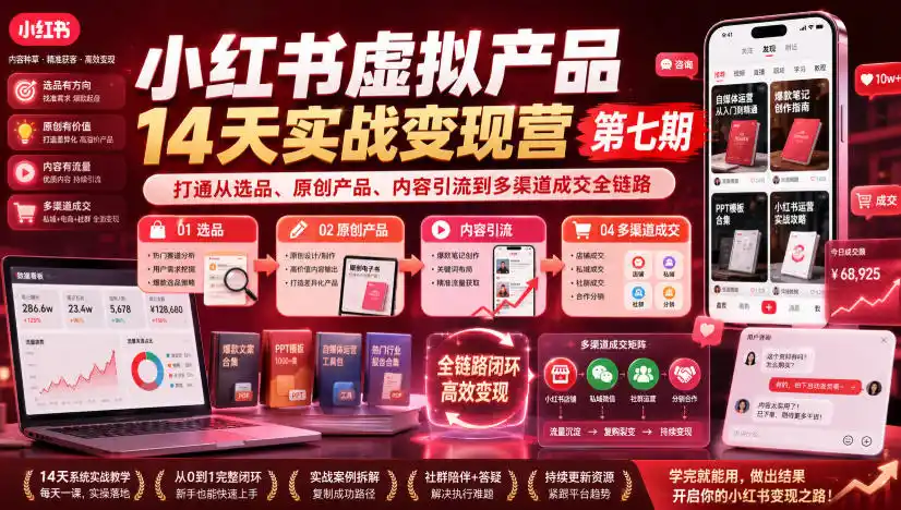 小红书虚拟产品14天实战变现营第七期,打通从选品、原创产品、内容引流到多渠道成交全链路-星云网创