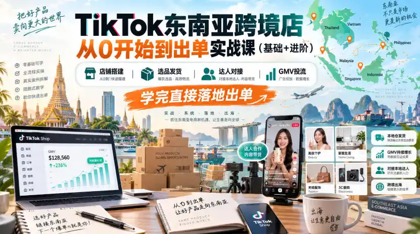 TikTok东南亚跨境店从0开始到出单实战课(基础+进阶)，店铺搭建、选品发货、达人对接、GMV投流，学完直接落地出单-星云网创