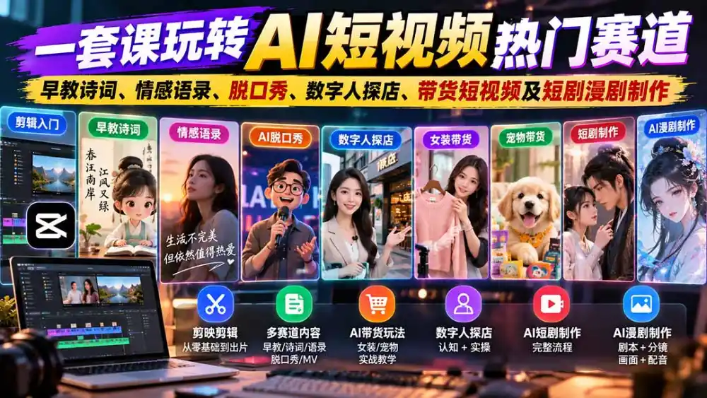 一套课玩转AI短视频热门赛道：早教诗词、情感语录、脱口秀、数字人探店、带货短视频及短剧漫剧制作 复制标题-星云网创