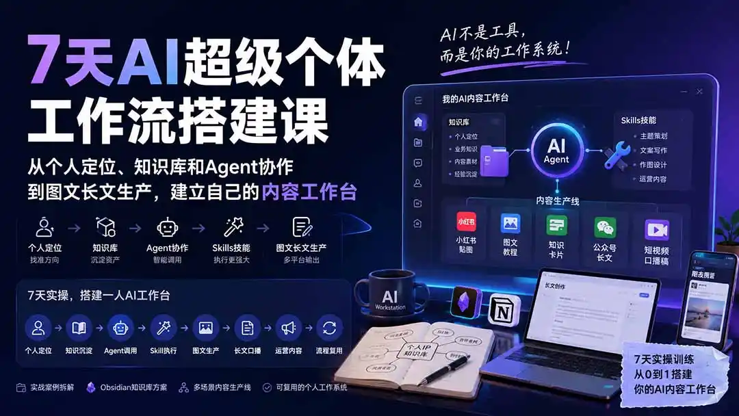 7天AI超级个体工作流搭建课：从个人定位、知识库和Agent协作到图文长文生产，建立自己的内容工作台-星云网创